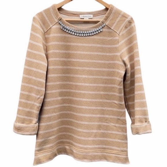 Coldwater Creek Sweater Top Tan Stripes Studs Business Preppy Academia Neutral 6 - Picture 1 of 4